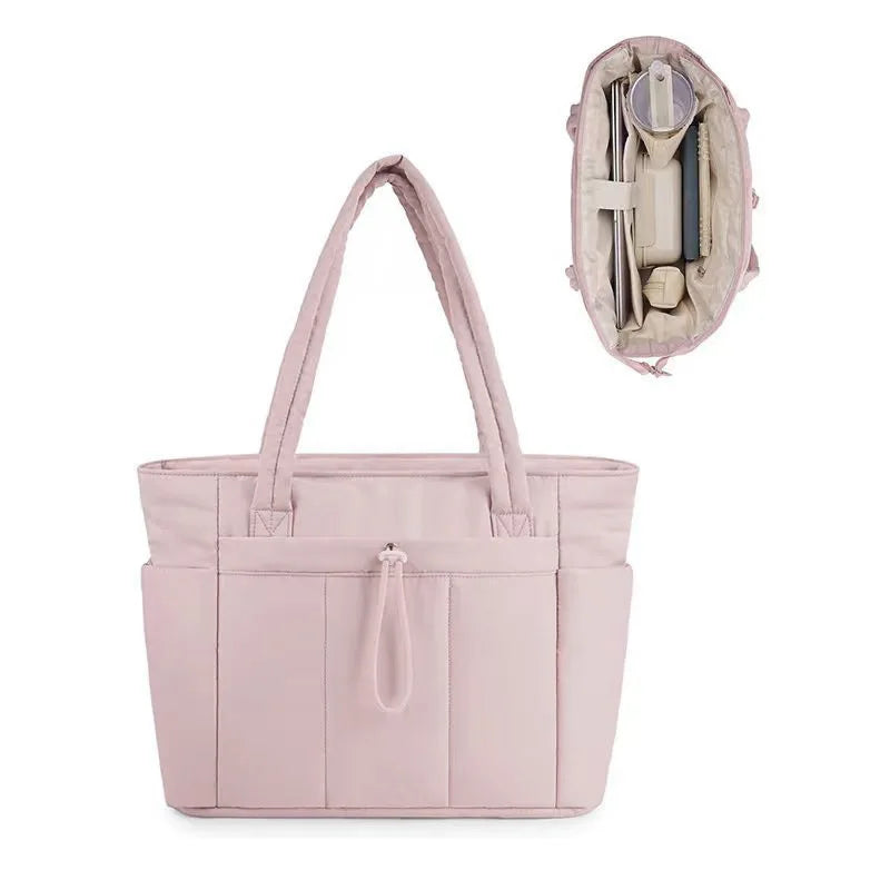 Ladies Lightweight Portable Tote Bag Quilted Travel Bag Casual Shoulder Bag in Black Khaki Colors Small Tote Bags for Women