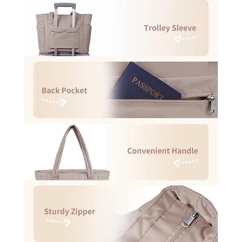 Ladies Lightweight Portable Tote Bag Quilted Travel Bag Casual Shoulder Bag in Black Khaki Colors Small Tote Bags for Women