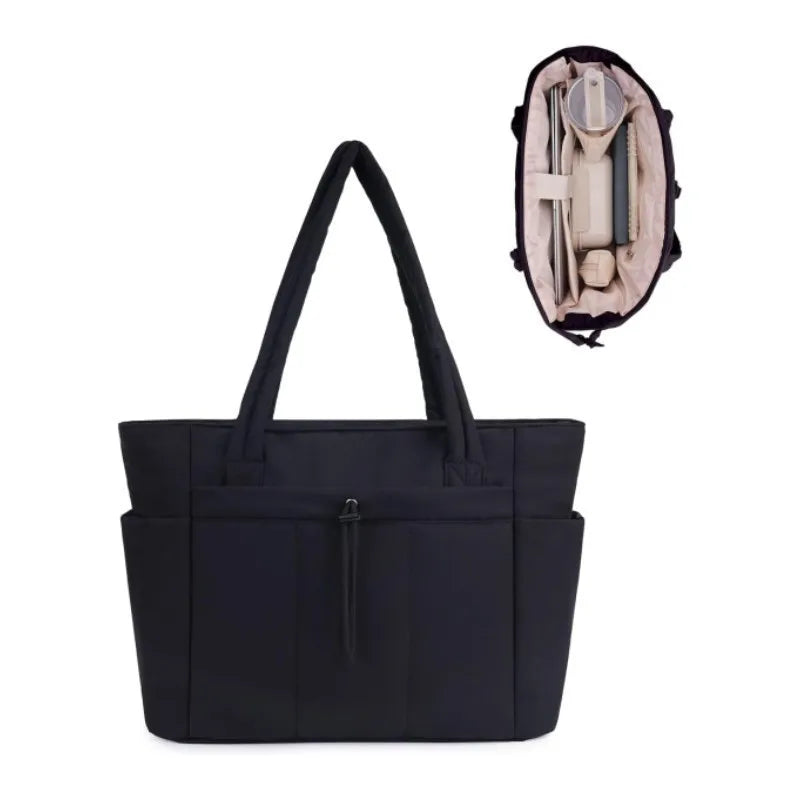 Ladies Lightweight Portable Tote Bag Quilted Travel Bag Casual Shoulder Bag in Black Khaki Colors Small Tote Bags for Women